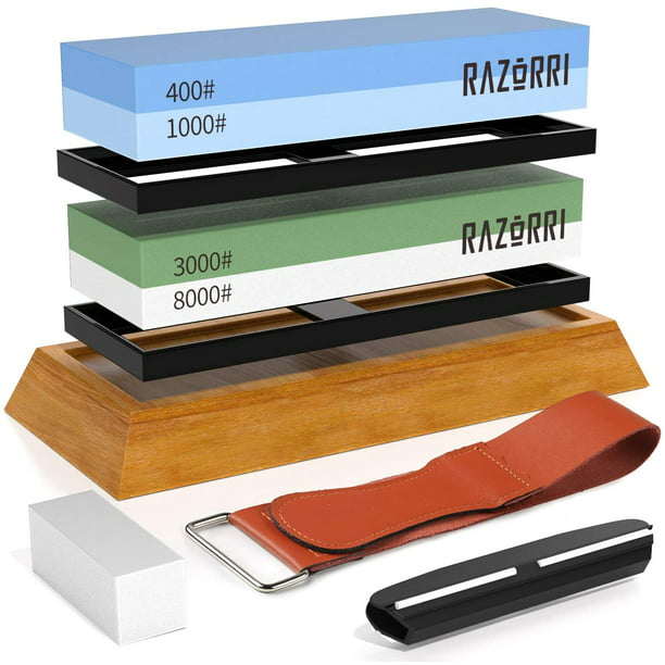 Flattening Stone Leather Strop and Angle Guide Razorri Solido S2 Complete Sharpening Stone Kit Includes Double-Sided 400/1000 and 3000/8000 Grit Whetstones Sharpen and Polish All Metal Blades 